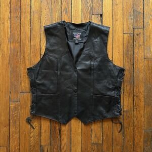 Vtg Allstate Leather Vest Men 2XL Black Fury‎ Rider Side Lace Up Snap Biker Moto
